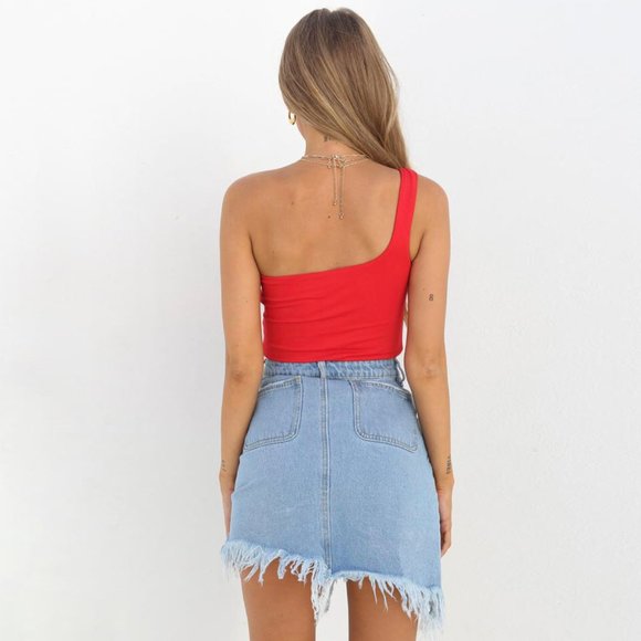 Women Red Top Summer One Shoulder - Picture 5 of 6